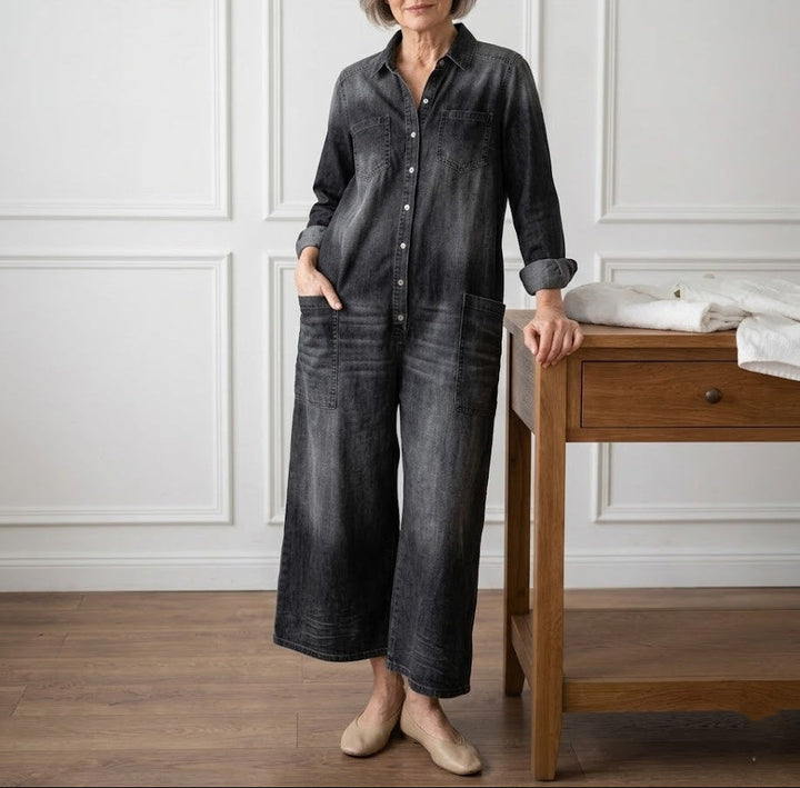 Combinaison en jean pour femme en coton avec boutons sur le devant, style vintage délavé