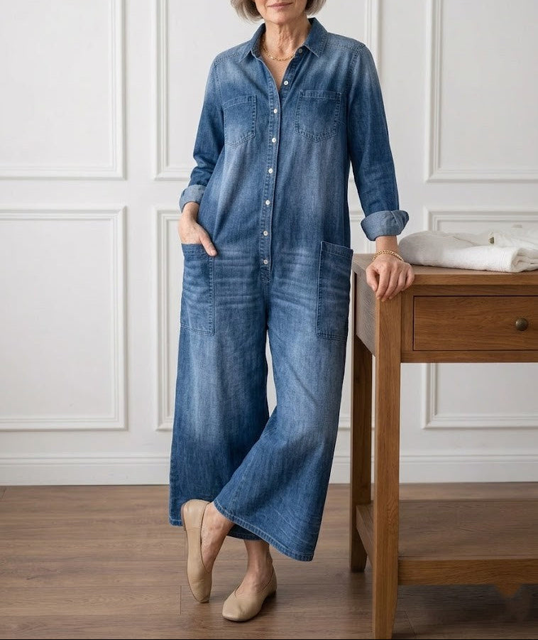 Combinaison en jean pour femme en coton avec boutons sur le devant, style vintage délavé