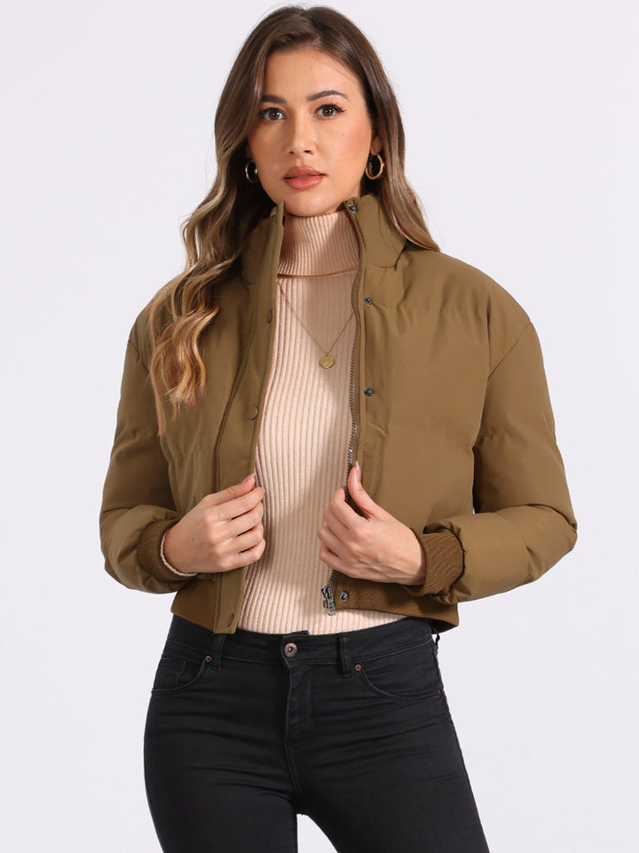 Effortless Bomber Jacket for Women with Zip Front Stand Collar Padded Cropped Style