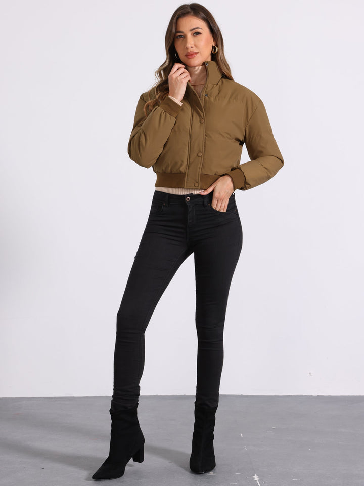 Effortless Bomber Jacket for Women with Zip Front Stand Collar Padded Cropped Style