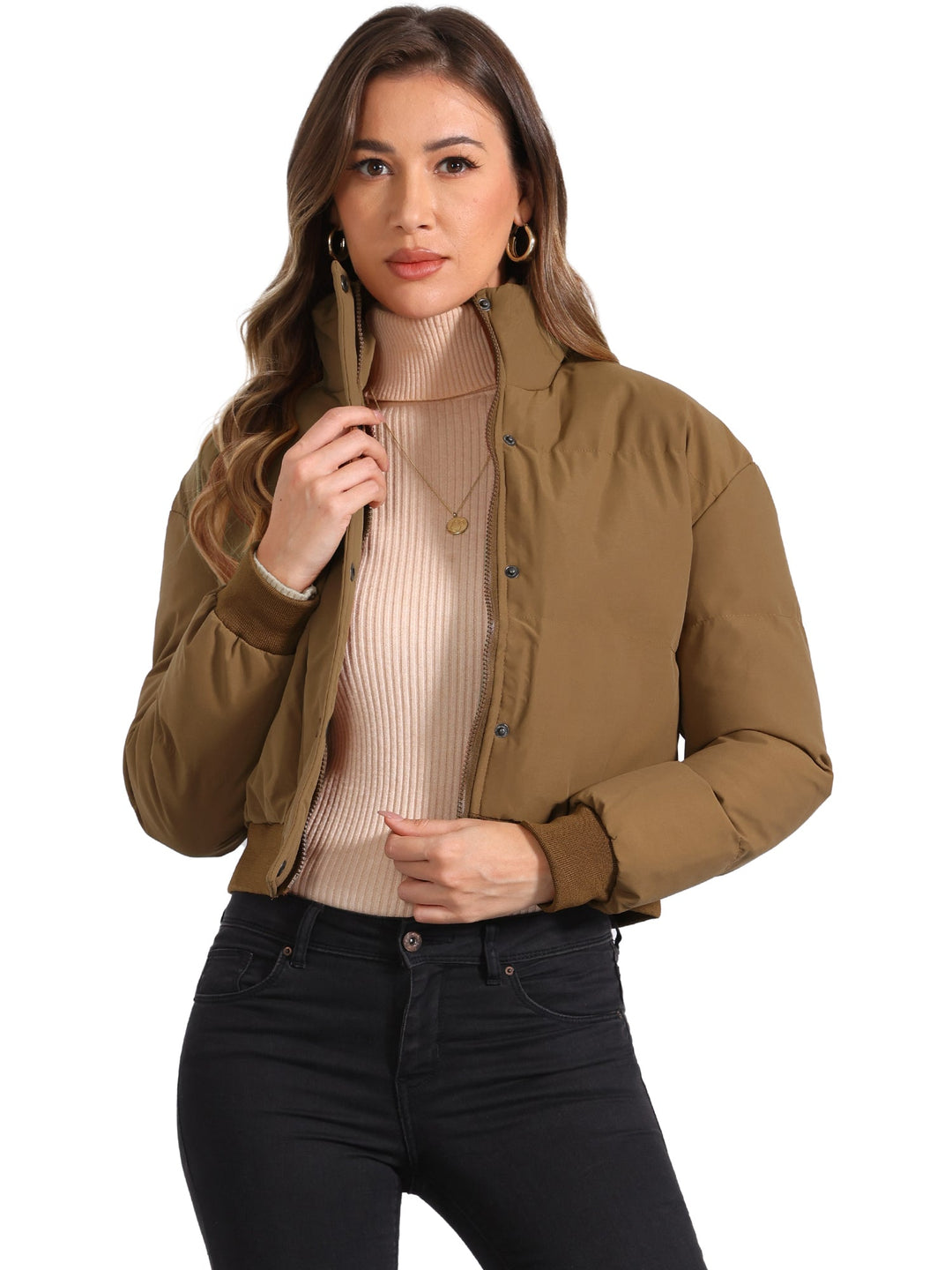 Effortless Bomber Jacket for Women with Zip Front Stand Collar Padded Cropped Style