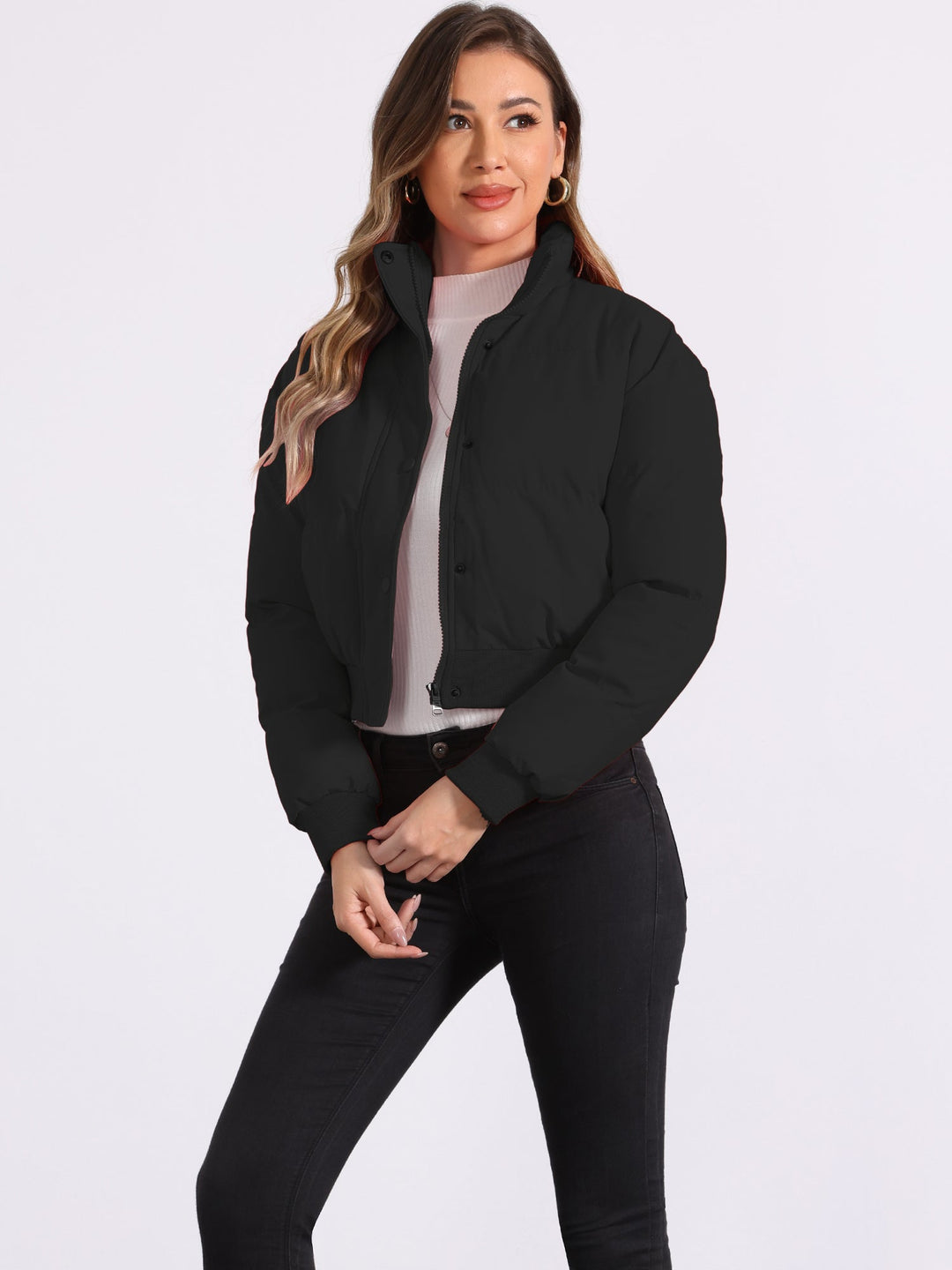 Effortless Bomber Jacket for Women with Zip Front Stand Collar Padded Cropped Style
