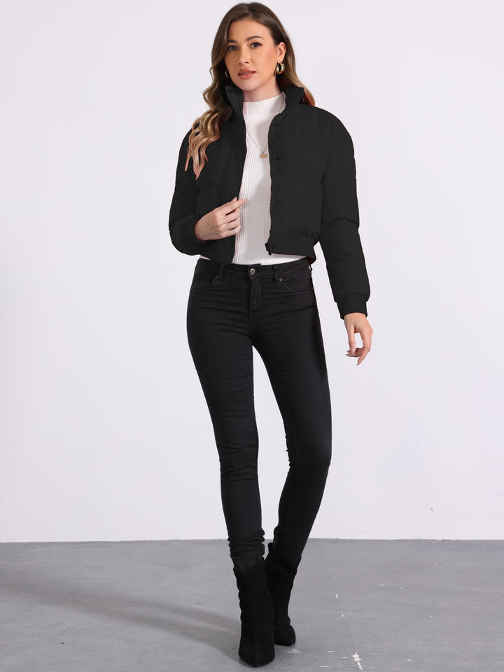 Effortless Bomber Jacket for Women with Zip Front Stand Collar Padded Cropped Style