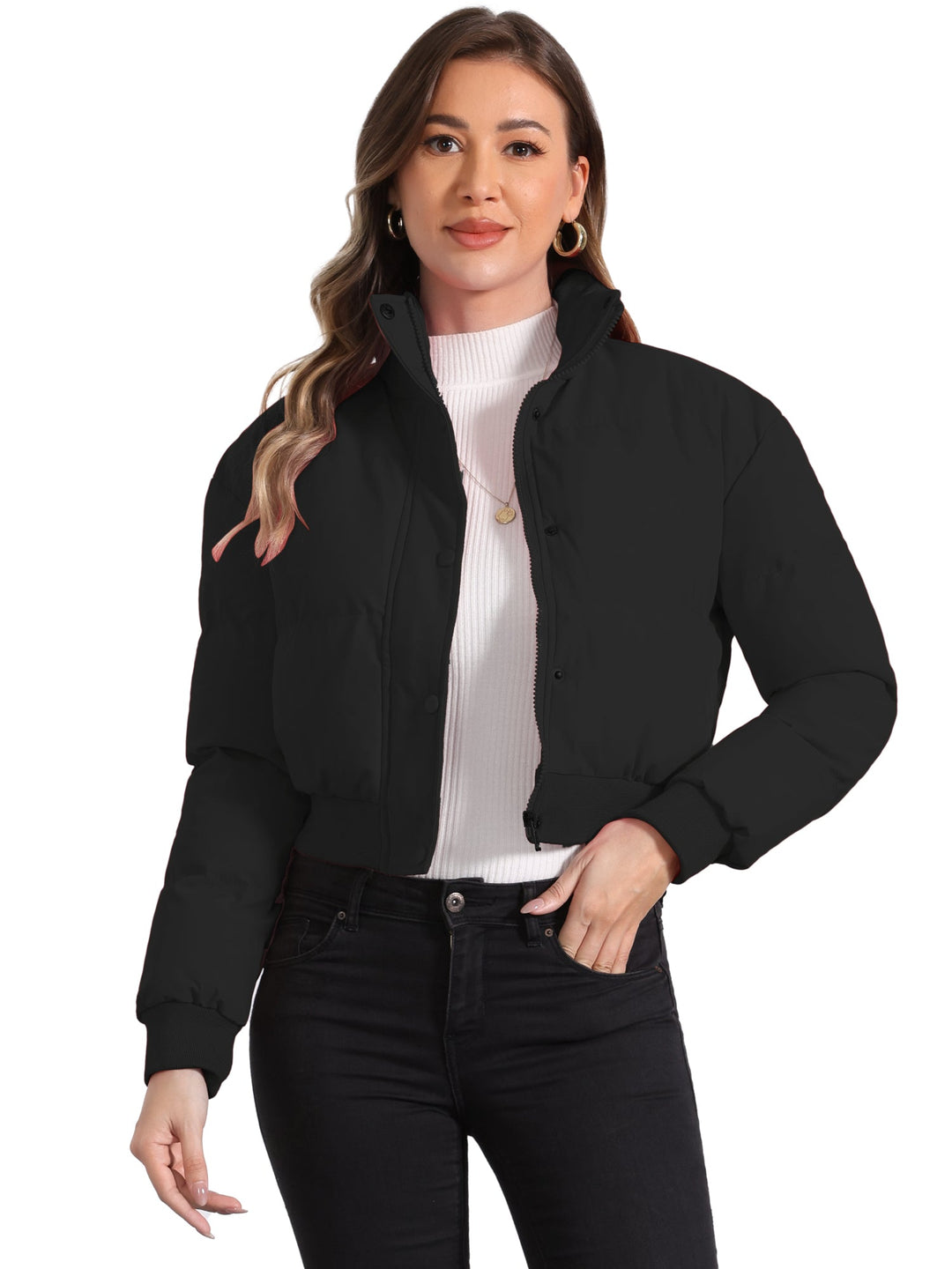 Effortless Bomber Jacket for Women with Zip Front Stand Collar Padded Cropped Style