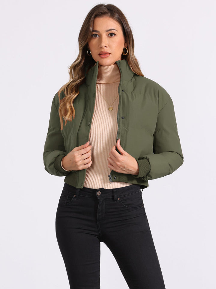 Effortless Bomber Jacket for Women with Zip Front Stand Collar Padded Cropped Style