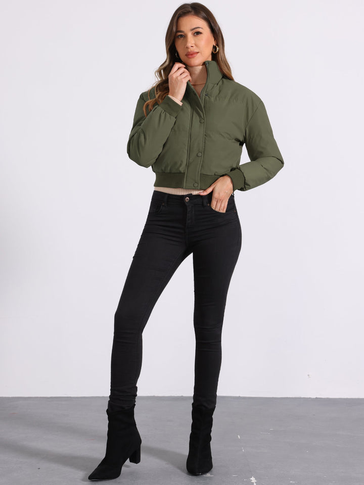 Effortless Bomber Jacket for Women with Zip Front Stand Collar Padded Cropped Style