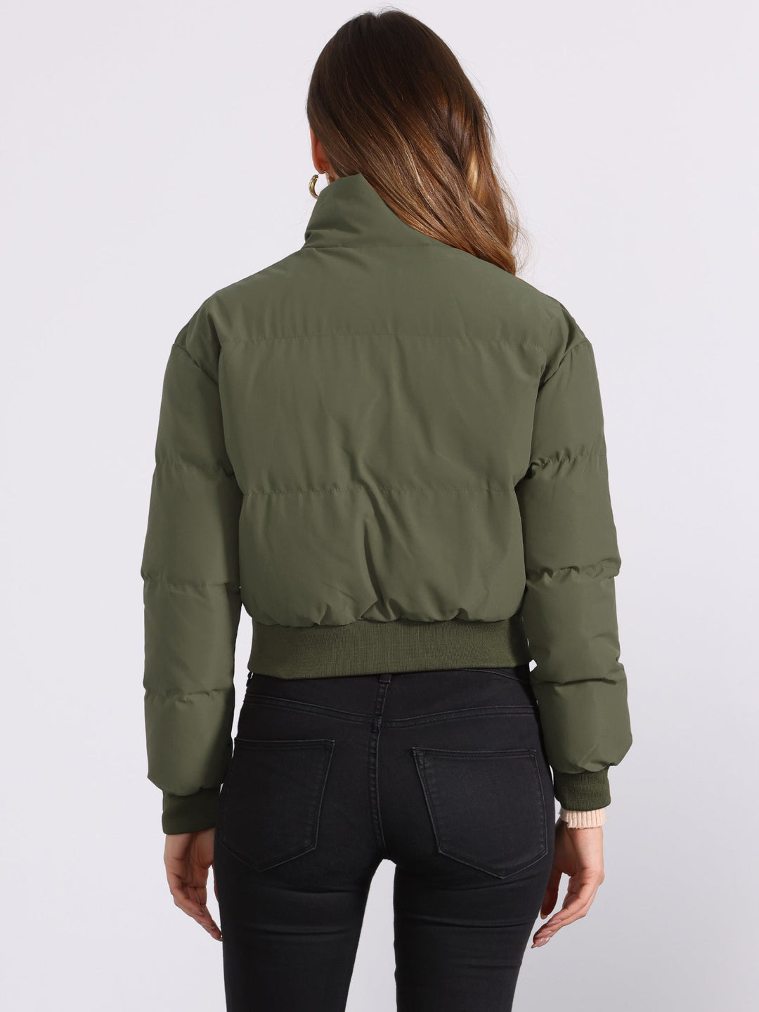 Effortless Bomber Jacket for Women with Zip Front Stand Collar Padded Cropped Style