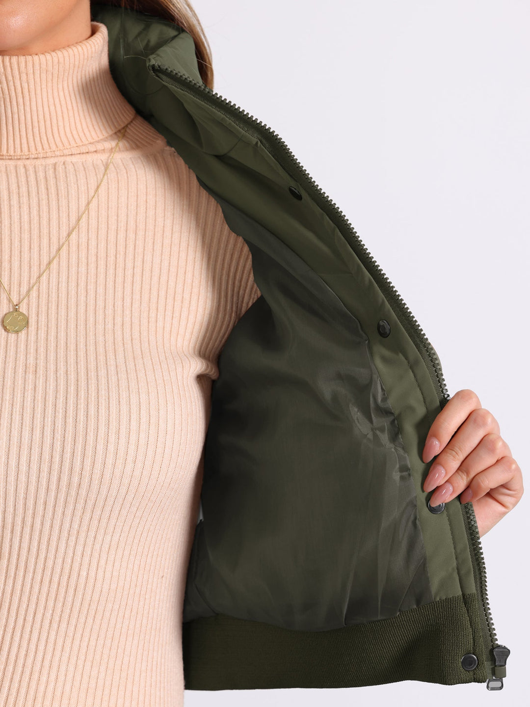 Effortless Bomber Jacket for Women with Zip Front Stand Collar Padded Cropped Style