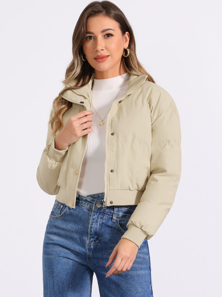 Effortless Bomber Jacket for Women with Zip Front Stand Collar Padded Cropped Style
