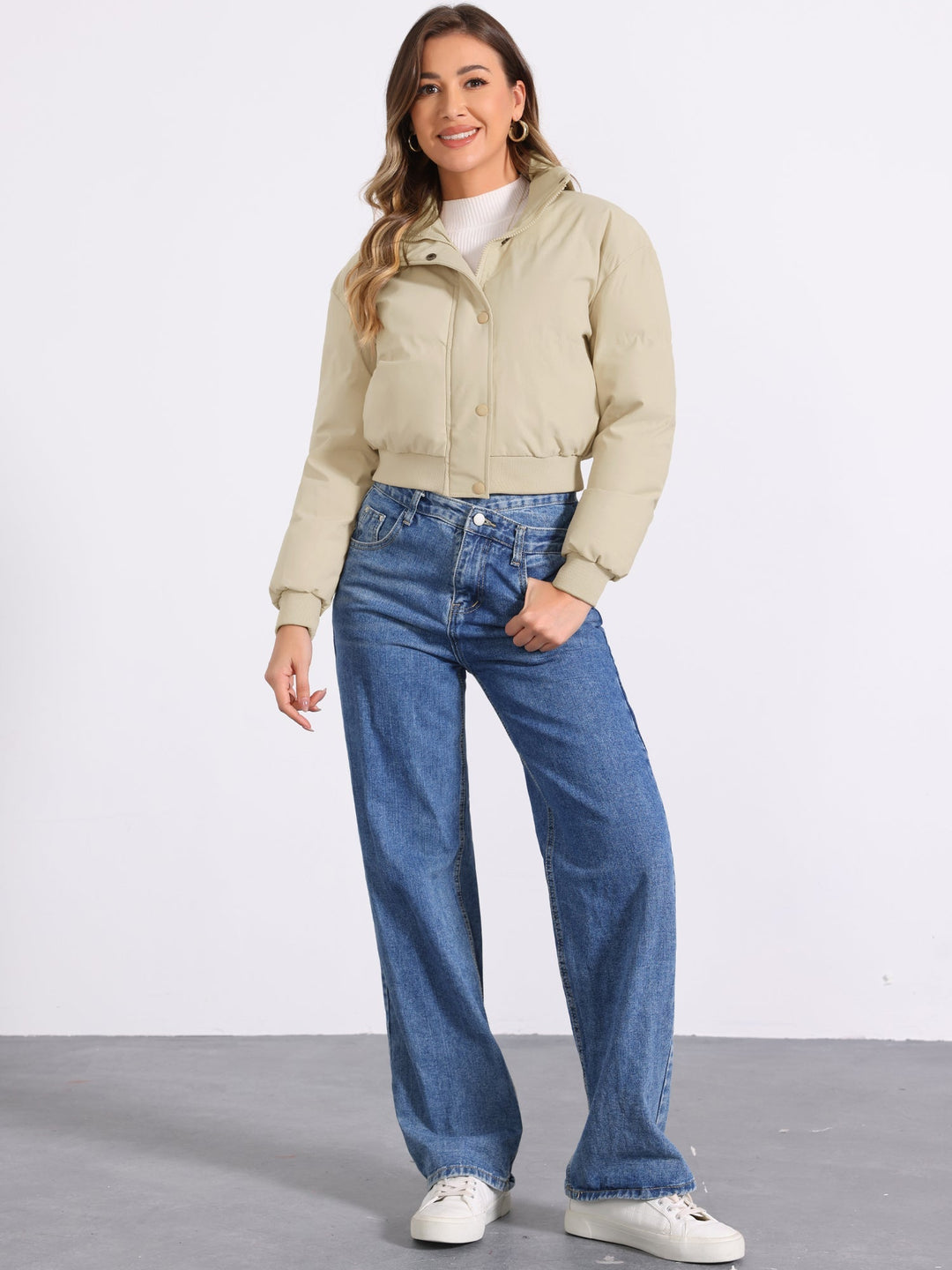 Effortless Bomber Jacket for Women with Zip Front Stand Collar Padded Cropped Style