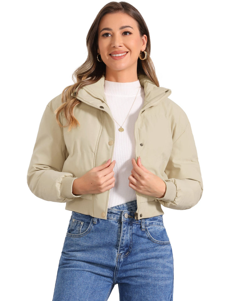 Effortless Bomber Jacket for Women with Zip Front Stand Collar Padded Cropped Style