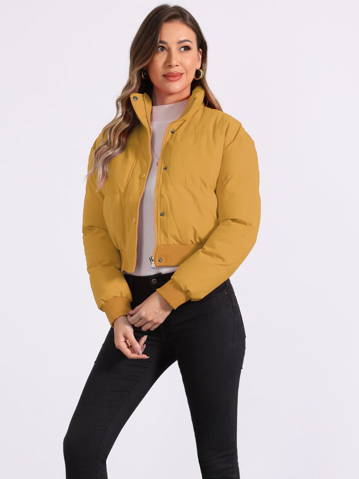 Effortless Bomber Jacket for Women with Zip Front Stand Collar Padded Cropped Style