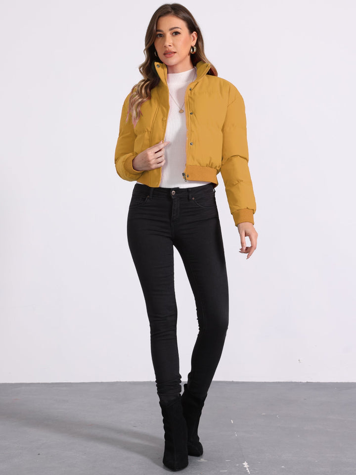 Effortless Bomber Jacket for Women with Zip Front Stand Collar Padded Cropped Style