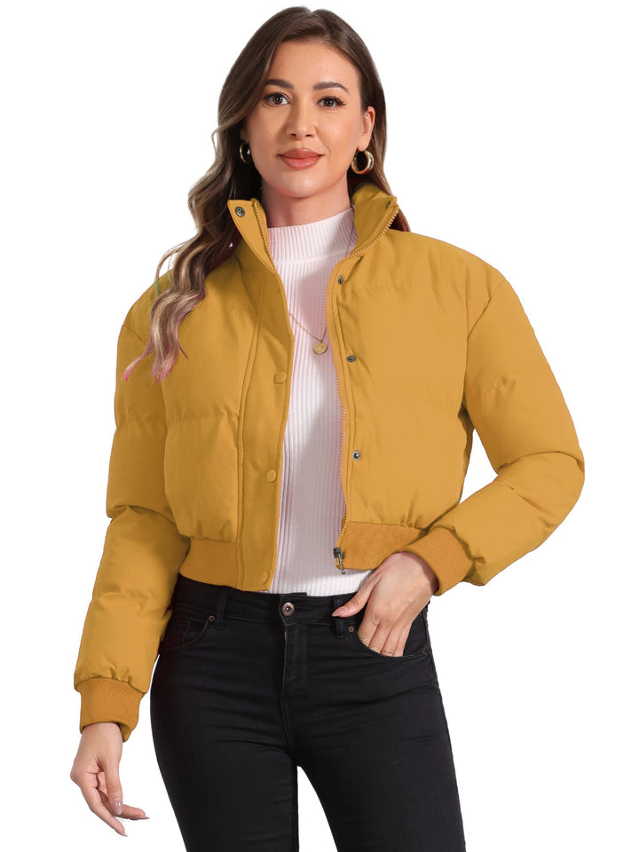 Effortless Bomber Jacket for Women with Zip Front Stand Collar Padded Cropped Style