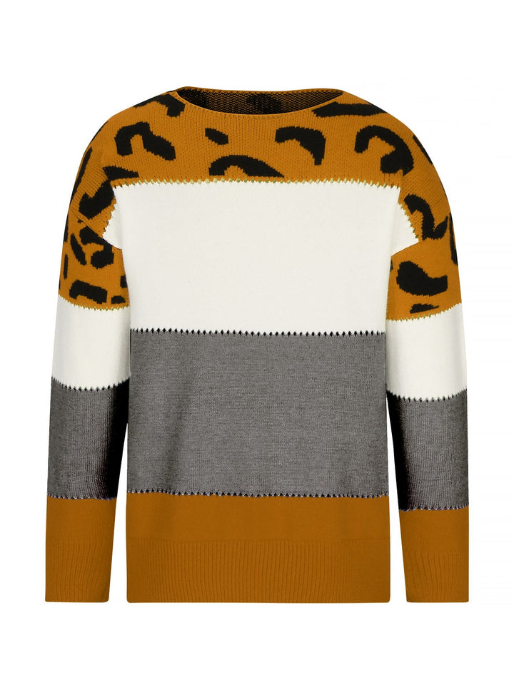 Effortless Sweatshirt for Women with Leopard Print Color Block Crewneck Knit Style