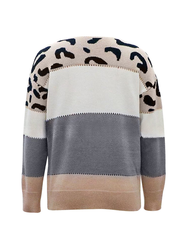 Effortless Sweatshirt for Women with Leopard Print Color Block Crewneck Knit Style