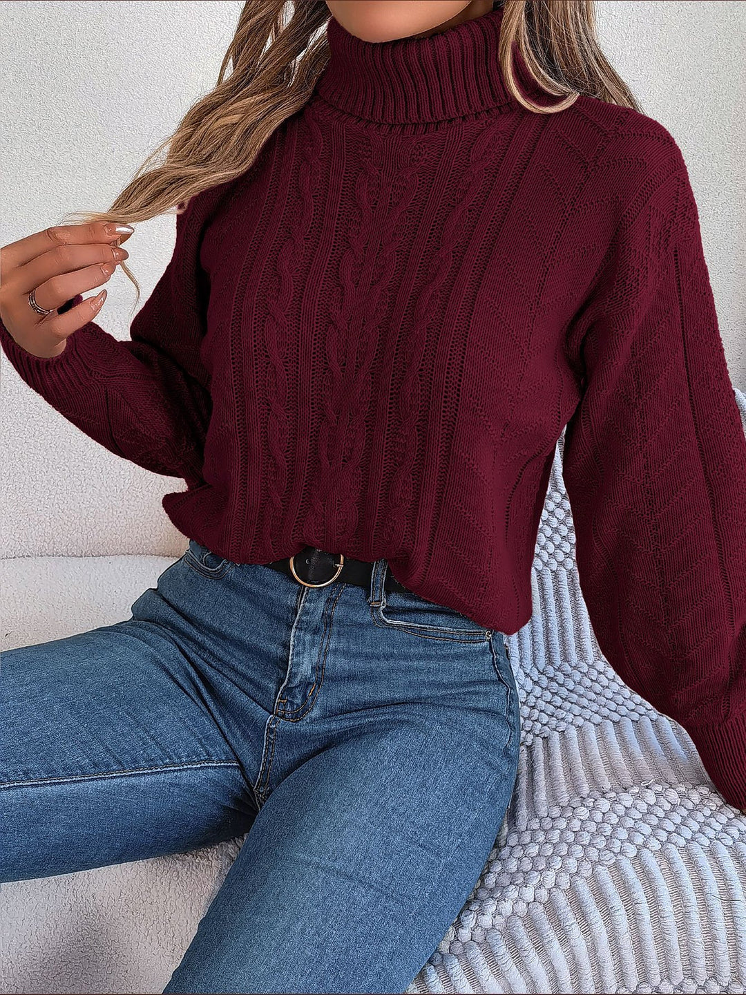 Felpa senza sforzo da donna con collo alto e maniche lunghe in maglia a trecce