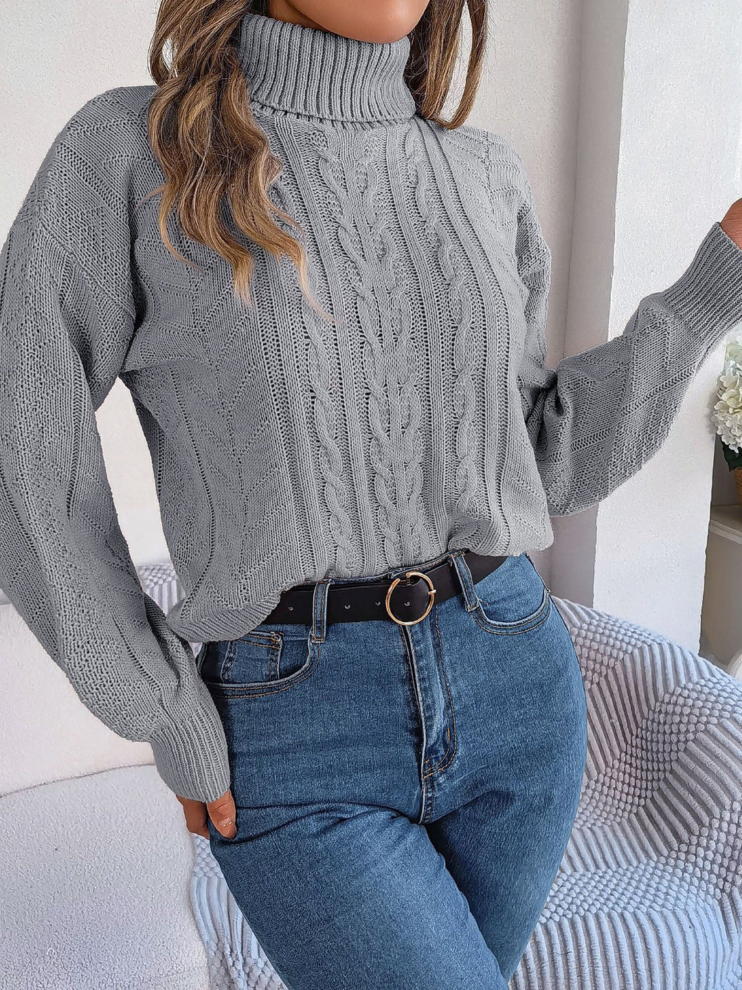 Felpa senza sforzo da donna con collo alto e maniche lunghe in maglia a trecce