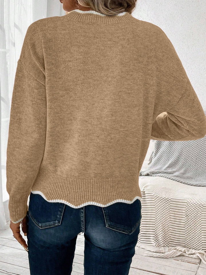 Felpa comoda da donna con scollo a V intagliato e maniche lunghe in maglia