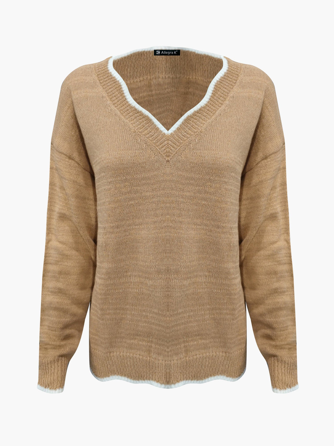Felpa comoda da donna con scollo a V intagliato e maniche lunghe in maglia
