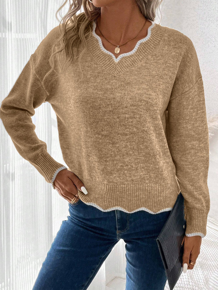 Felpa comoda da donna con scollo a V intagliato e maniche lunghe in maglia