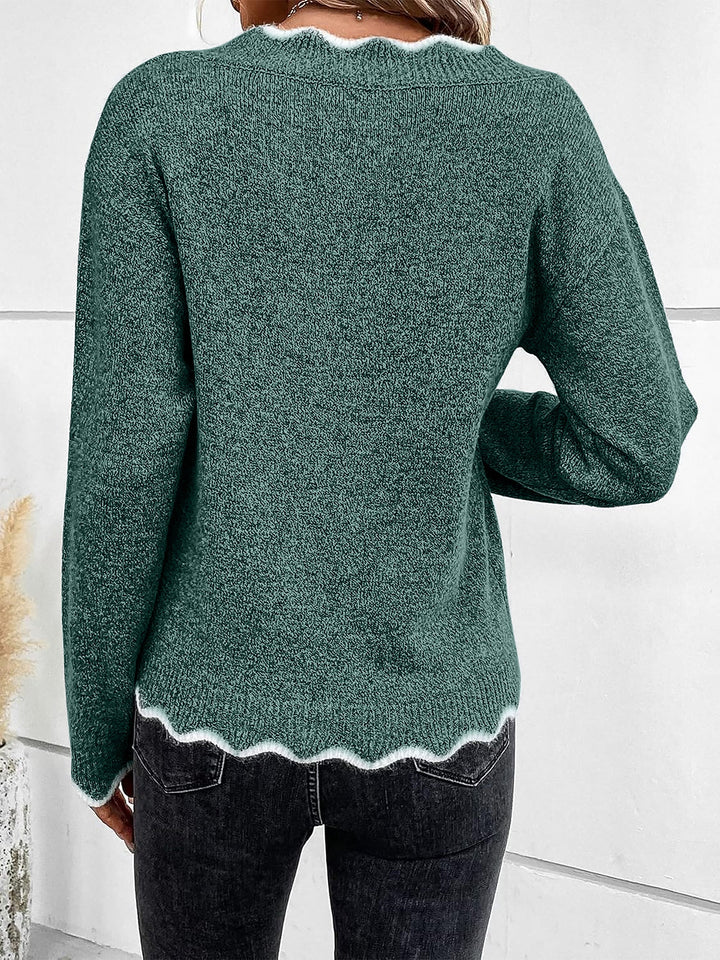 Felpa comoda da donna con scollo a V intagliato e maniche lunghe in maglia