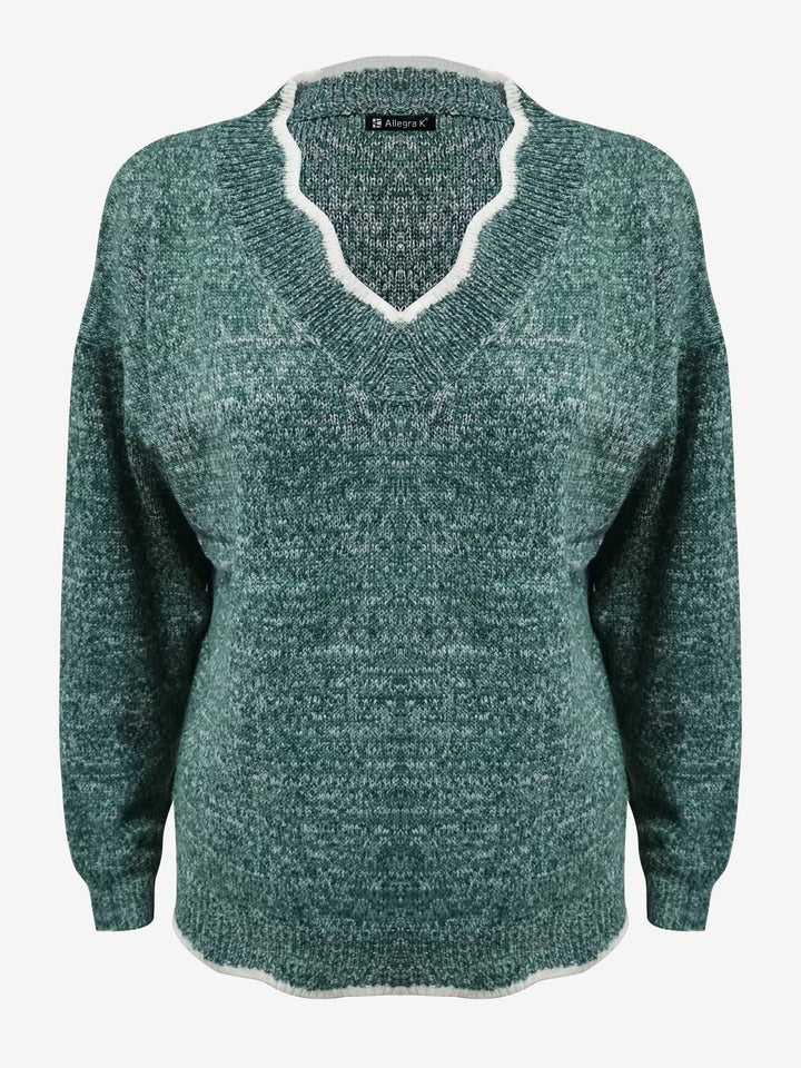 Felpa comoda da donna con scollo a V intagliato e maniche lunghe in maglia