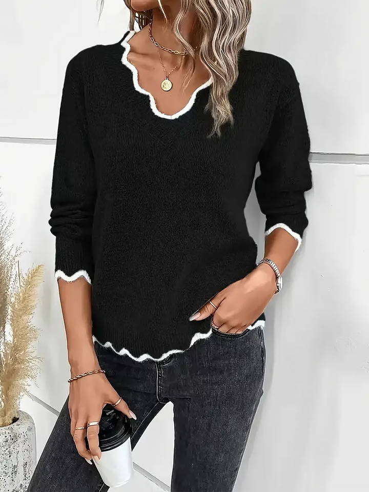 Felpa comoda da donna con scollo a V intagliato e maniche lunghe in maglia