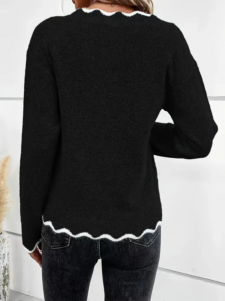 Felpa comoda da donna con scollo a V intagliato e maniche lunghe in maglia