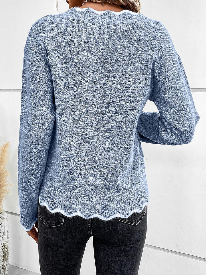 Felpa comoda da donna con scollo a V intagliato e maniche lunghe in maglia