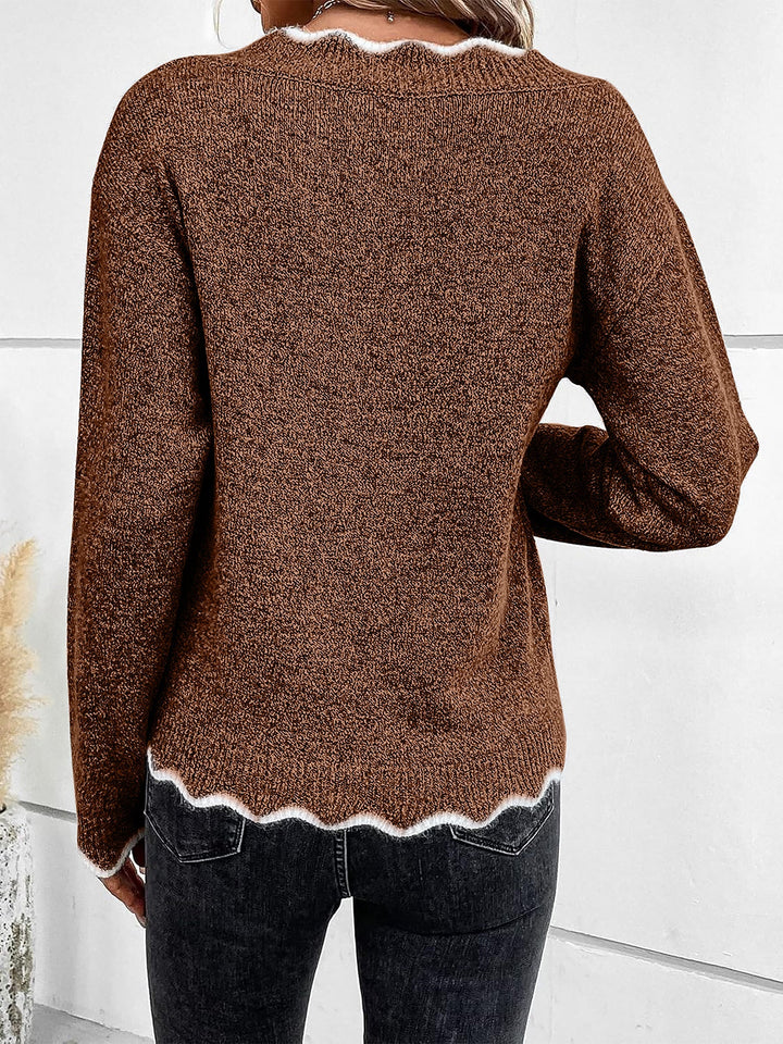Felpa comoda da donna con scollo a V intagliato e maniche lunghe in maglia