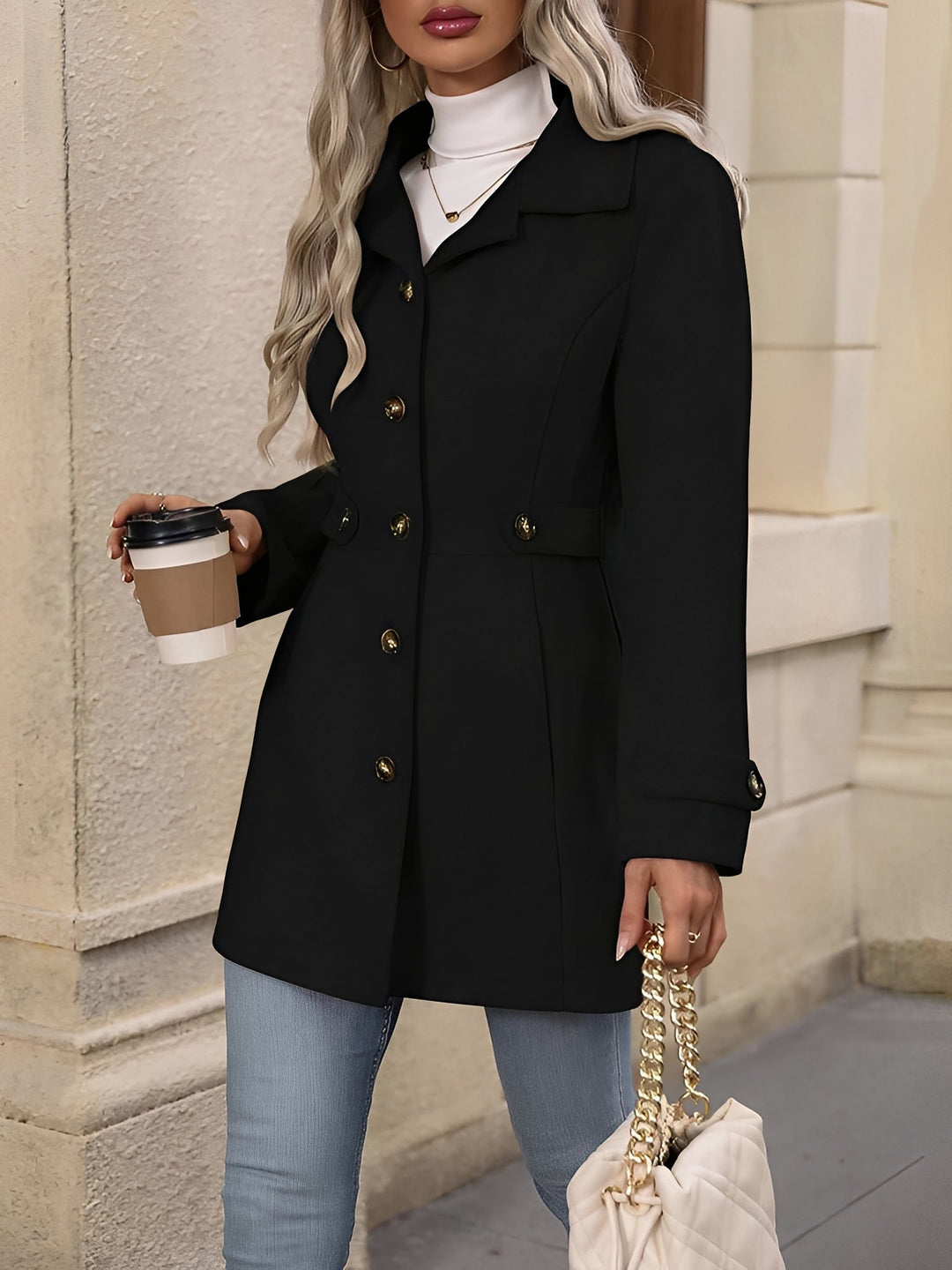 Elegant Trench Coat for Women with Notch Collar Belted Waist Double Breasted Style