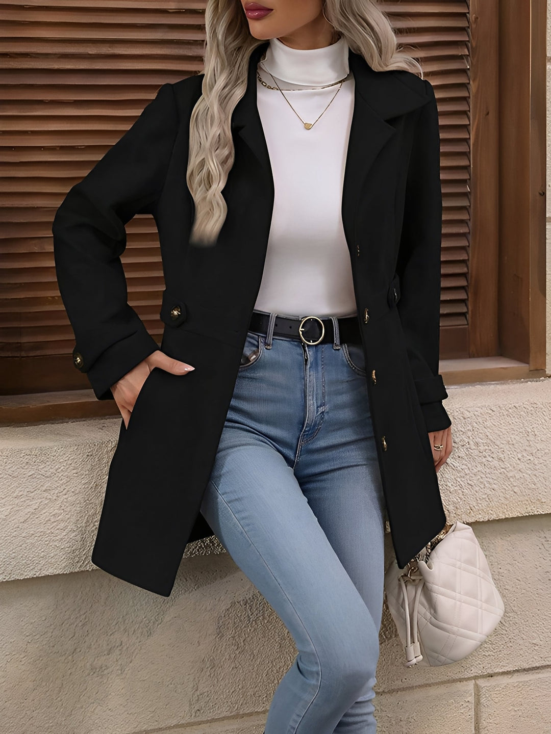 Elegant Trench Coat for Women with Notch Collar Belted Waist Double Breasted Style