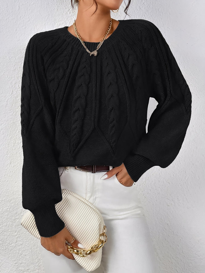 Comfortable Cable Knit Sweater for Women with V Neck Balloon Sleeve Oversized Style