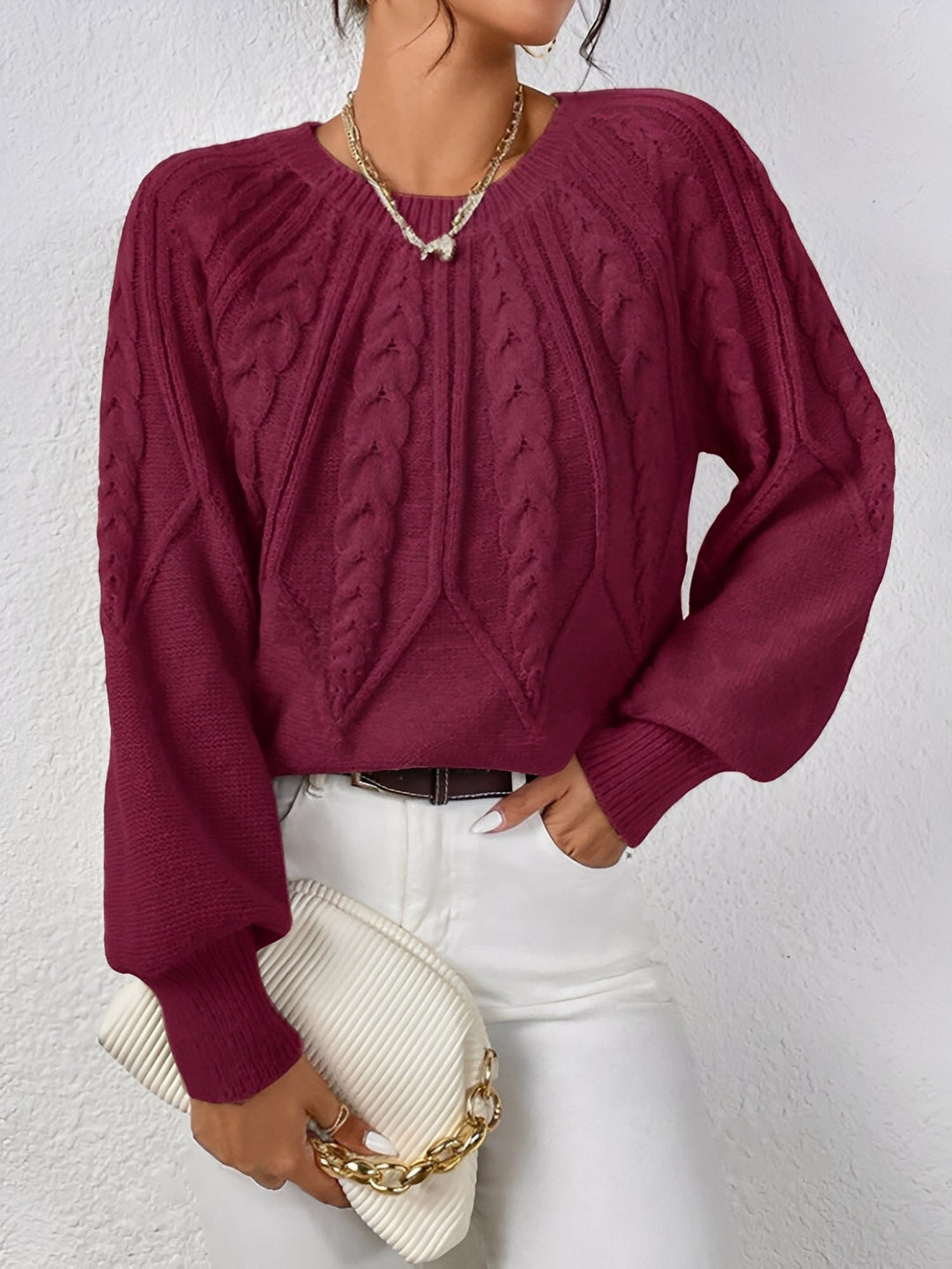 Comfortable Cable Knit Sweater for Women with V Neck Balloon Sleeve Oversized Style