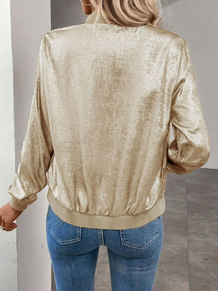 Effortless Gold Bomber Jacket for Women with Zip Front Ribbed Trim Cropped Style
