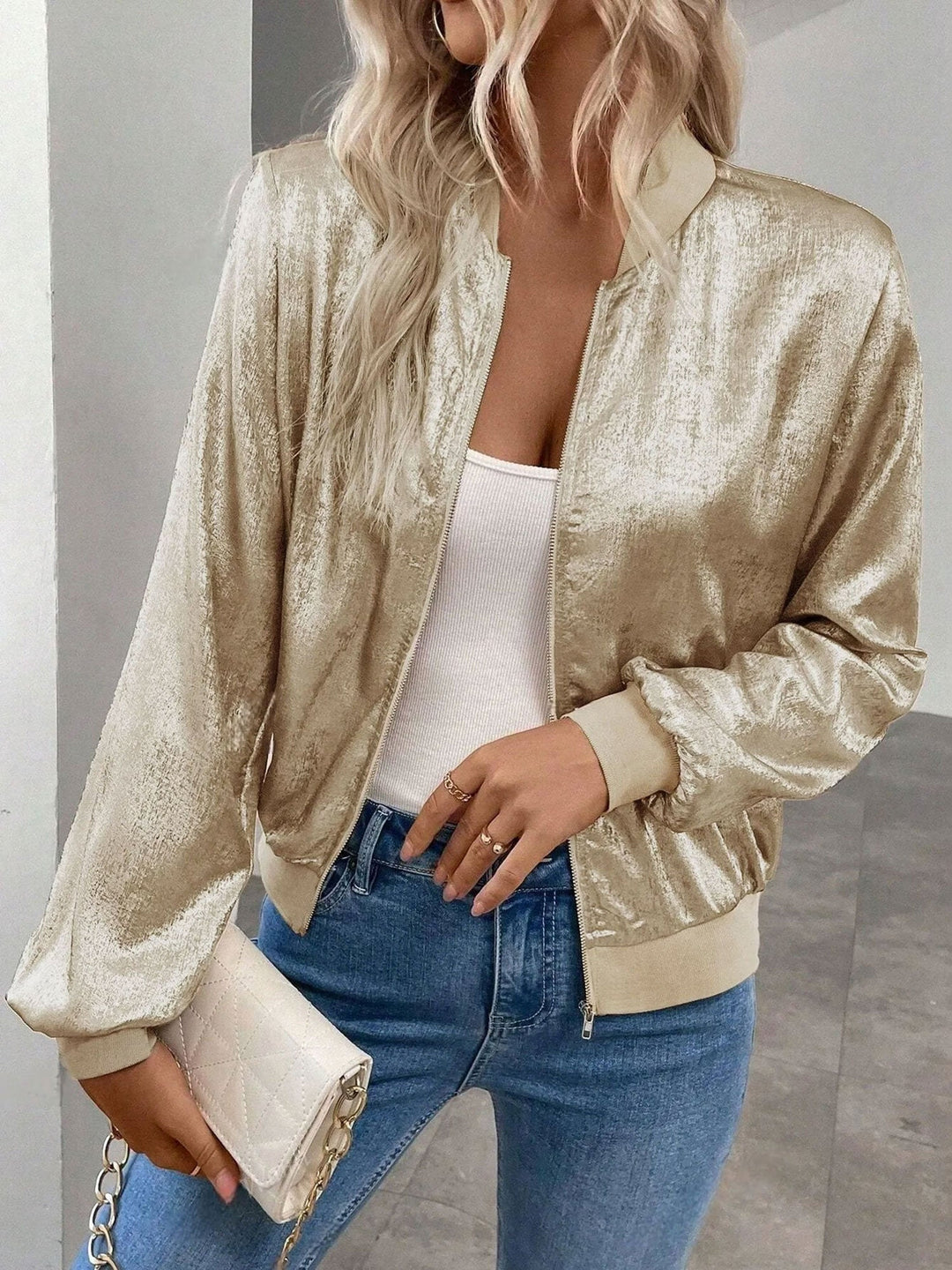 Effortless Gold Bomber Jacket for Women with Zip Front Ribbed Trim Cropped Style
