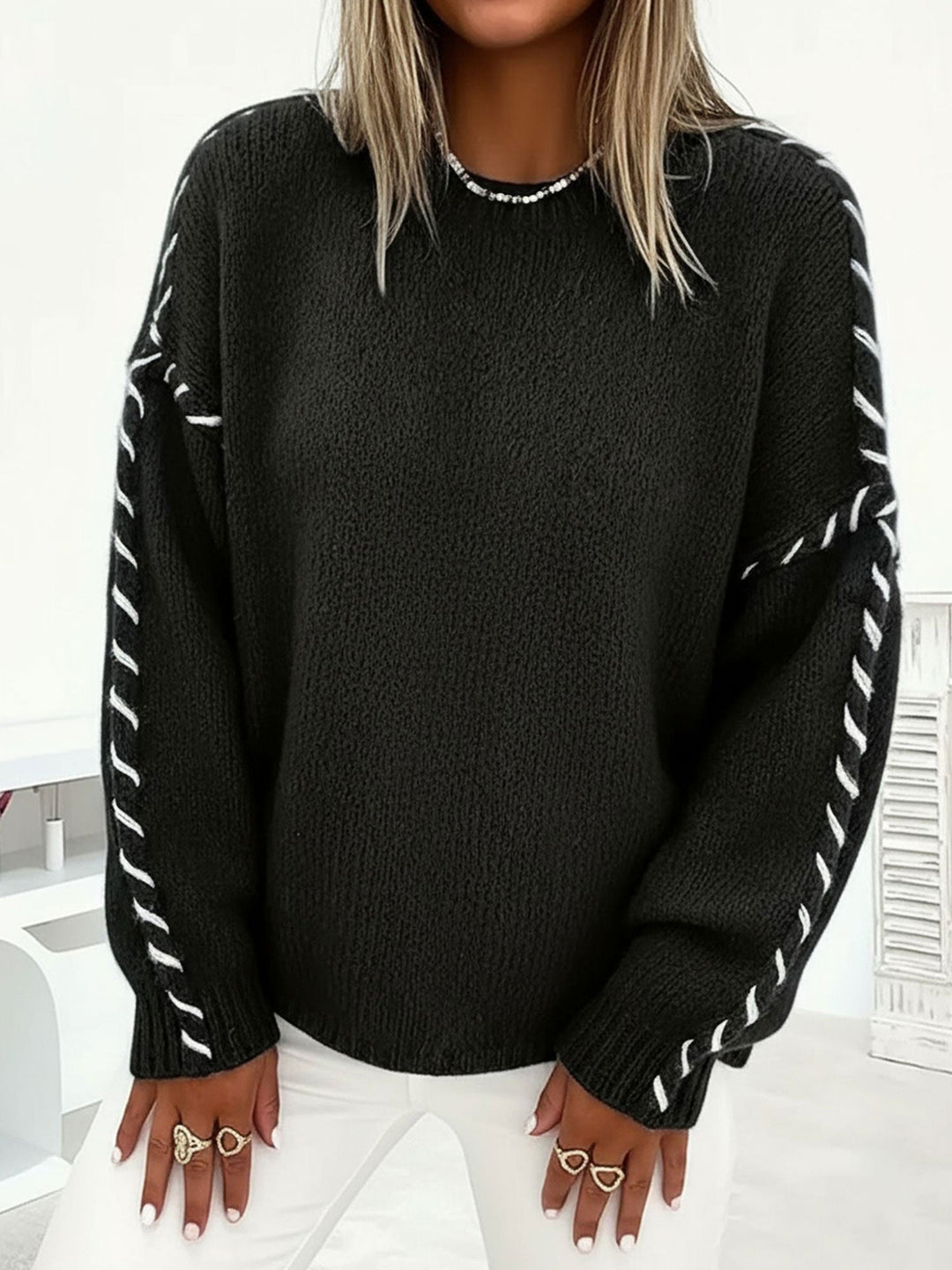 Comfortable Oversized Sweater for Women with Crew Neck Whipstitch Sleeve Detail