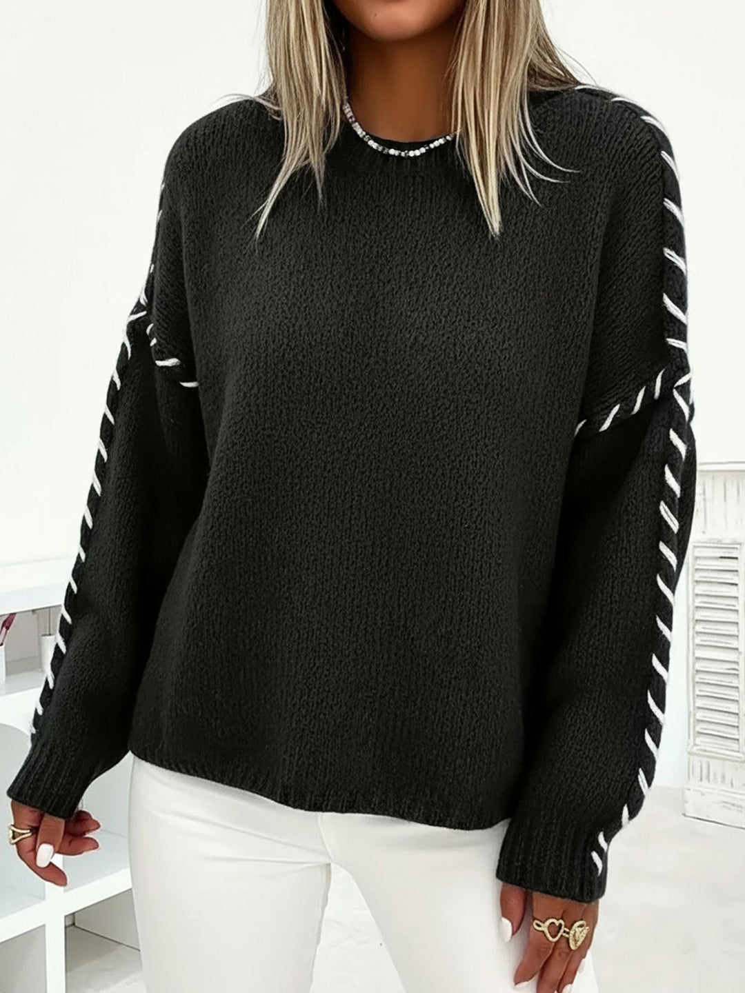 Comfortable Oversized Sweater for Women with Crew Neck Whipstitch Sleeve Detail