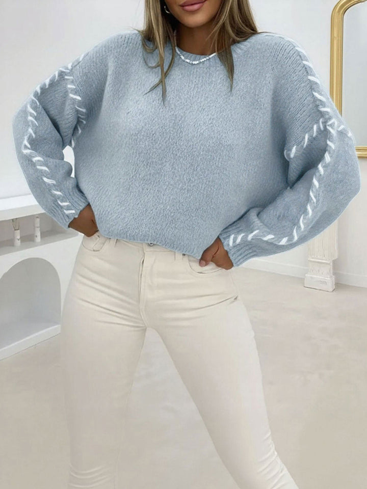 Comfortable Oversized Sweater for Women with Crew Neck Whipstitch Sleeve Detail