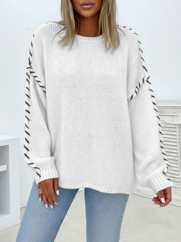 Comfortable Oversized Sweater for Women with Crew Neck Whipstitch Sleeve Detail