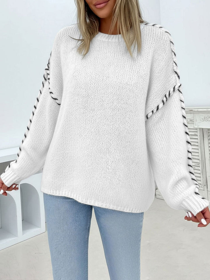 Comfortable Oversized Sweater for Women with Crew Neck Whipstitch Sleeve Detail