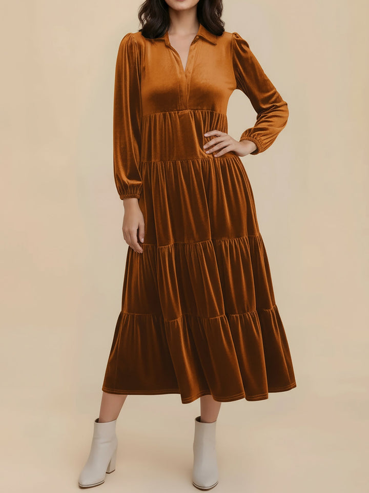 Elegant Velvet Midi Dress for Women with Collar Long Sleeve Tiered Flowing Fall Wedding Guest Style
