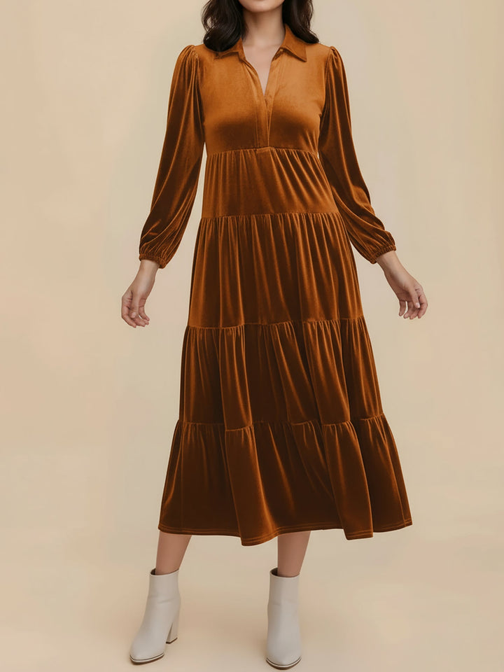 Elegant Velvet Midi Dress for Women with Collar Long Sleeve Tiered Flowing Fall Wedding Guest Style