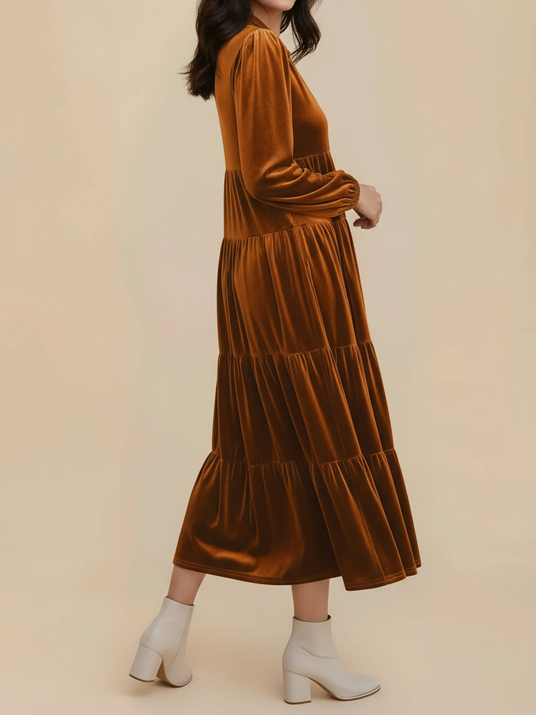 Elegant Velvet Midi Dress for Women with Collar Long Sleeve Tiered Flowing Fall Wedding Guest Style