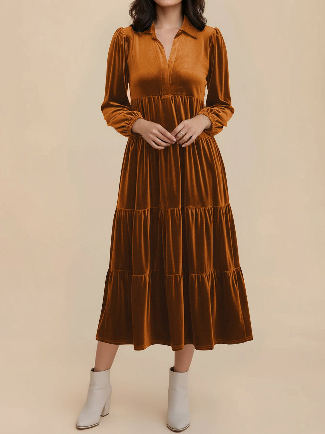 Elegant Velvet Midi Dress for Women with Collar Long Sleeve Tiered Flowing Fall Wedding Guest Style