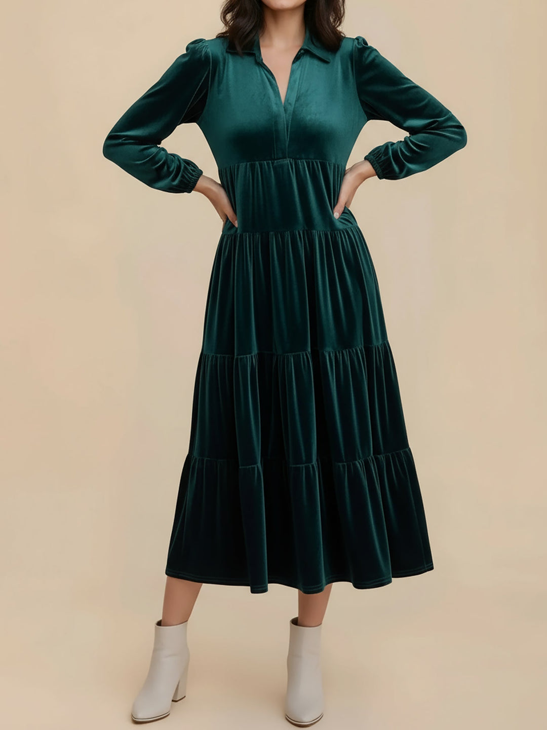 Elegant Velvet Midi Dress for Women with Collar Long Sleeve Tiered Flowing Fall Wedding Guest Style