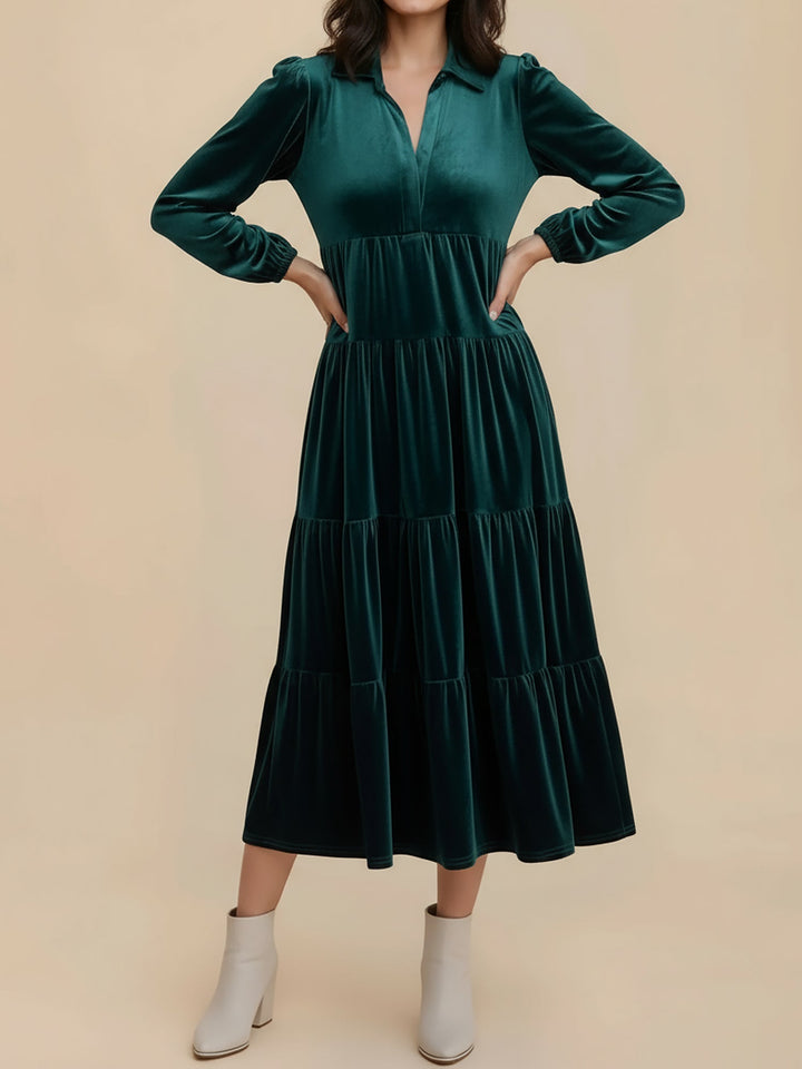 Elegant Velvet Midi Dress for Women with Collar Long Sleeve Tiered Flowing Fall Wedding Guest Style