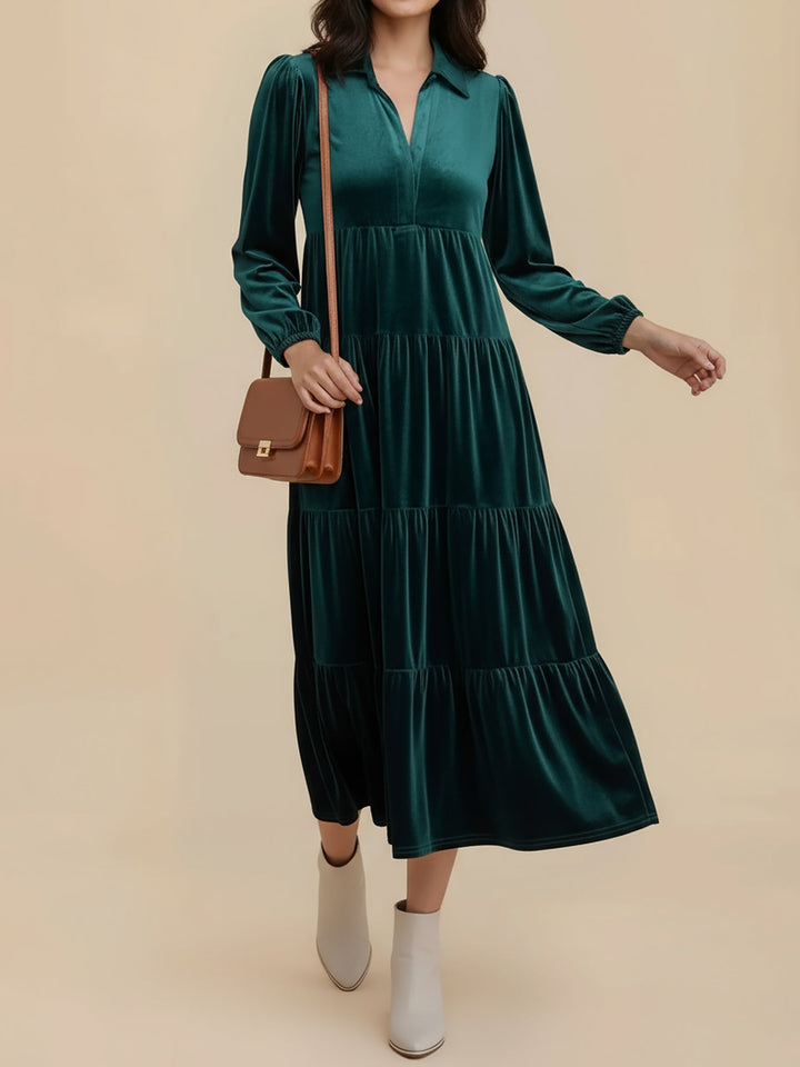 Elegant Velvet Midi Dress for Women with Collar Long Sleeve Tiered Flowing Fall Wedding Guest Style