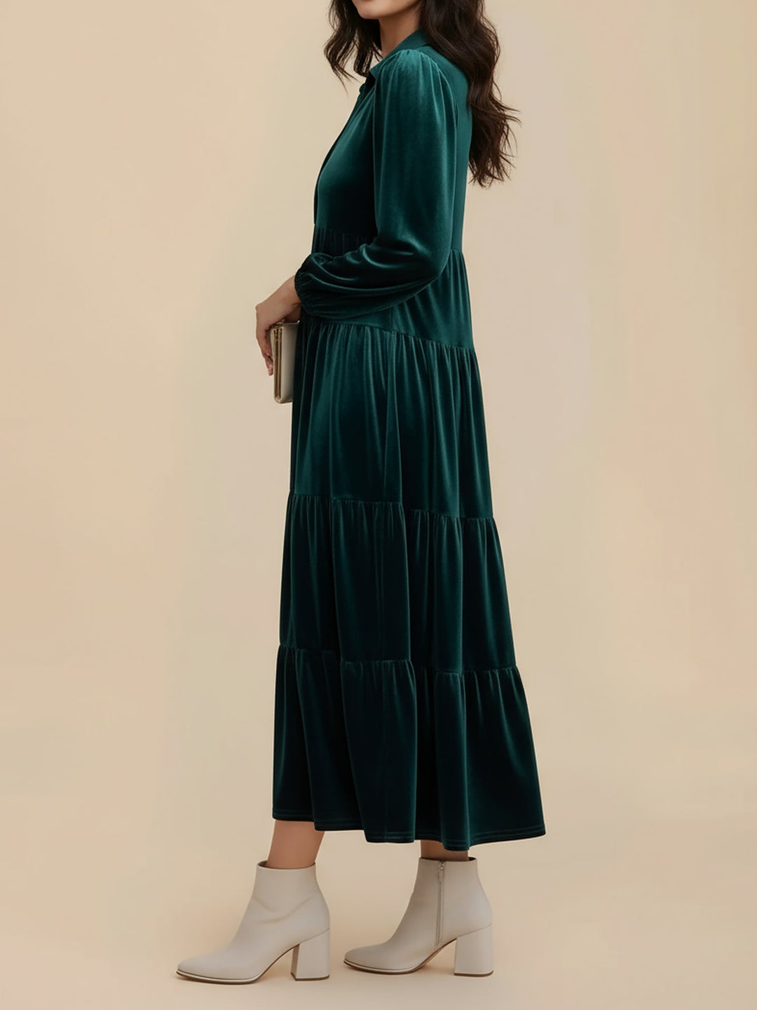 Elegant Velvet Midi Dress for Women with Collar Long Sleeve Tiered Flowing Fall Wedding Guest Style